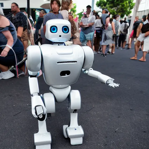 Prompt: LOS ANGELES, CA July 7 2025: Open Source Self-Aware Robot Convention, Cute Robot In Awe At It's Own Existence