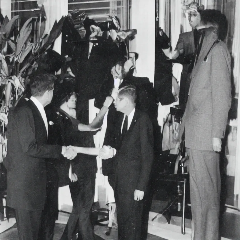 Prompt: vintage photo of president kennedy meeting with a lusty argonian maid