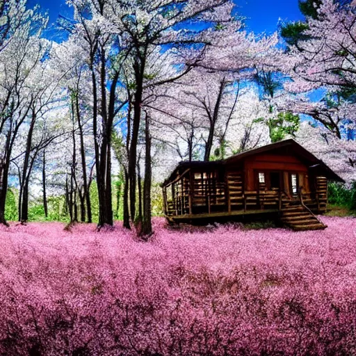 Image similar to forest cabin realistic photography 1 5 0 mpx wide angle lake deer cherry blossom