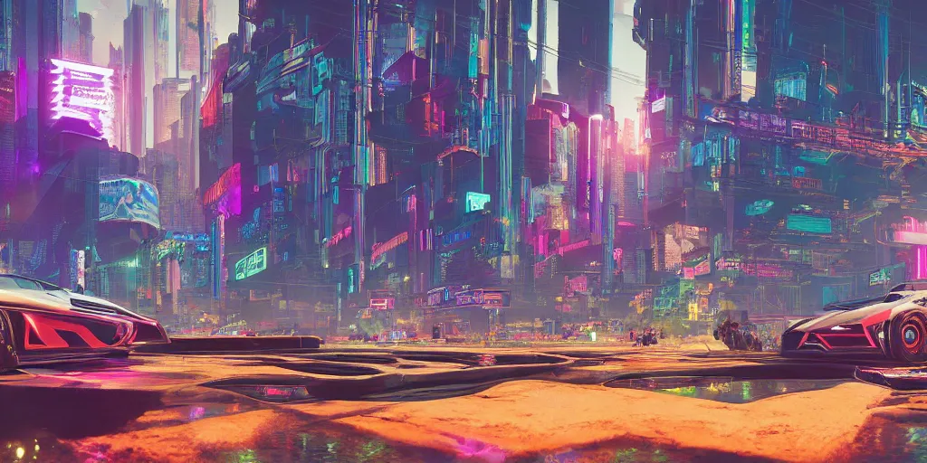 Image similar to DMT city, cyberpunk 2077 style concept art