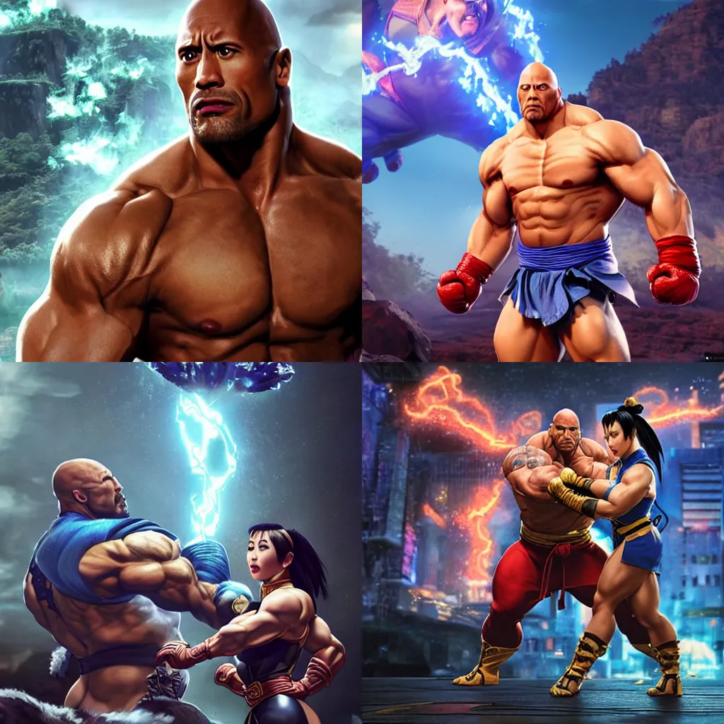 Prompt: dwayne johnson in street fighter, swapping dwayne johnson's outfit with chun li's outfit, intricate, epic lighting, cinematic composition, hyper realistic, 8k resolution, unreal engine 5, by Artgerm, tooth wu, dan mumford, beeple, wlop, rossdraws, James Jean, Andrei Riabovitchev, Marc Simonetti, yoshitaka Amano, Artstation