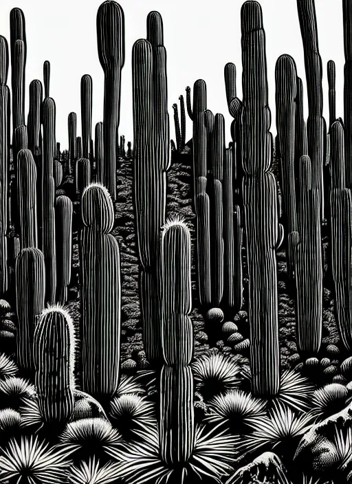 Prompt: art by brian reedy, a high contrast black ink linocut print of the giant cactus forest baja mexico, 8 k, frostbite 3 engine, cryengine, ground level shot, dof, trending on artstation, digital art, crepuscular ray