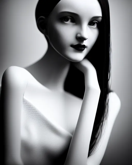 Prompt: black and white dreamy young beautiful female artificial intelligence, cinematic, rim light, photo - realistic, elegant, high detail, 8 k, masterpiece, photo taken in 1 9 3 0