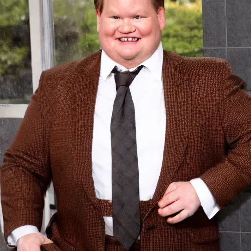 Image similar to Andy Richter is wearing a chocolate brown suit and necktie. Andy is standing inside a bathtub with the shower running over him. The suit and necktie are soaking wet.