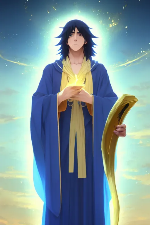 Prompt: card art of a young man wizard with long white hair wearing blue and golden robes, makoto shinkai, very detailed, matte, tonemapping, bbwchan, perfection, 4K, William-Adolphe Bouguereau