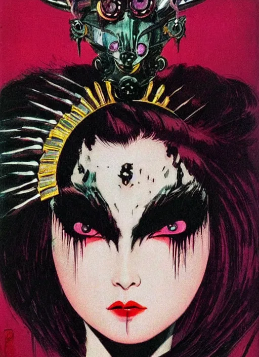 Image similar to mighty female korean vampiress, jeweled headdress, heavy mascara, strong line, saturated color, beautiful! coherent! by frank frazetta, high contrast, minimalism