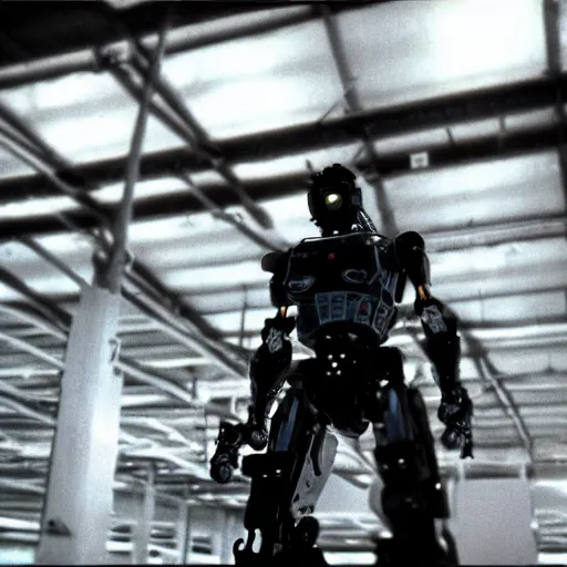 Prompt: metal gear robot in a wearhouse, dramatic shot, 1 9 8 7, movie still