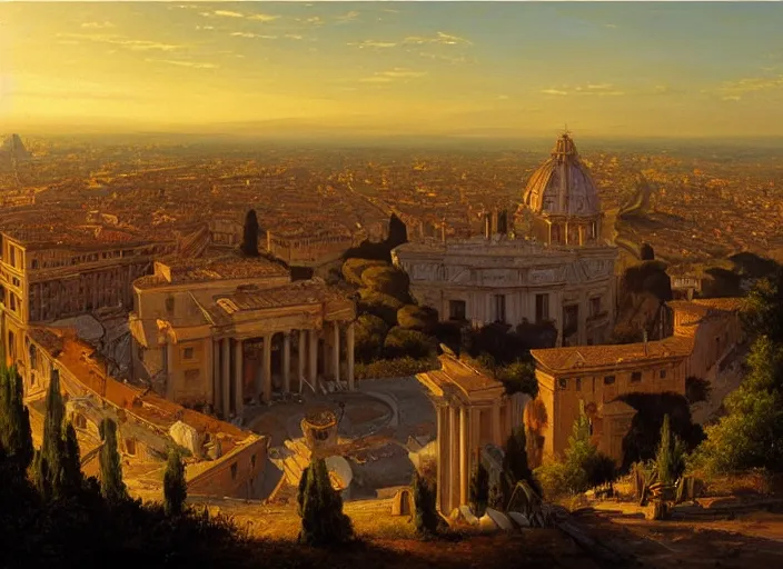 Image similar to A painting of a panoramic view of Rome at sunset, by Greg Rutkowski and James Gurney, trending on Artstation, highly detailed