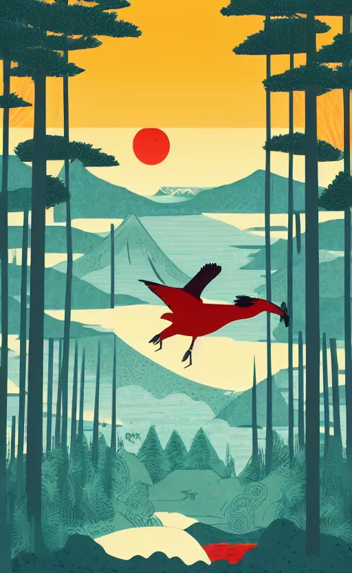 Prompt: hanafuda, a huge japanese crane bird is flying above a lake in the middle of a forest of japanese pines, a big red sun in the background, front game card, vector line art, trending on behance, concept art, stunning, matte