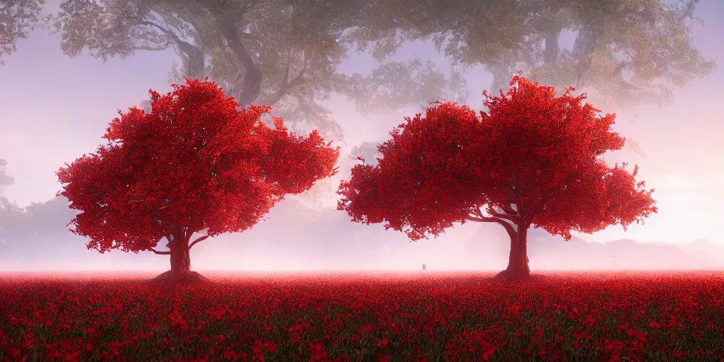 Prompt: a single big red tree in the middle of a battlefield near a bunch of red flowers at sunrise, hyperrealistic, concept art, octane render, unreal engine 5, trending on Artstation, high quality, 8K, dramatic lighting, cinematic, high coherence, highly detailed, Midjourney style, epic scene, path traced, low contrast, complementary colors
