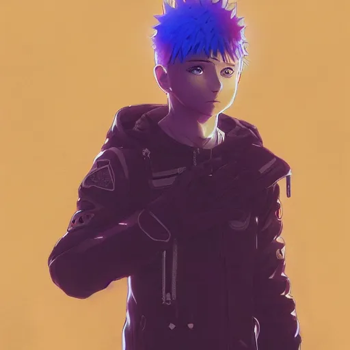 Image similar to killua zoldyck, edgy streetwear, techwear, cyberpunk style outfit, scifi, blue side lighting, detailed portrait, intricate complexity, by greg rutkowski, ross tran, conrad roset, takato yomamoto, ilya kuvshinov. 4 k, beautiful, aesthetic octane render, cinematic dramatic atmosphere