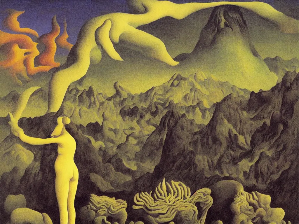 Image similar to dreamless night, sweaty mountain, the lotus eating people, Volcano, acid rains, fractal elongated seashells. Painting by Rene Magritte, Jean Delville, Max Ernst, Maria Sybilla Merian, Alfred Kubin
