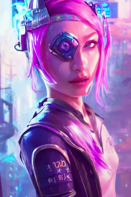 Image similar to cailyn from league of legends, cyberpunk futuristic neon. wearing police uniform, decorated with traditional japanese ornaments by ismail inceoglu dragan bibin hans thoma greg rutkowski alexandros pyromallis nekro rene maritte illustrated, perfect face, fine details, realistic shaded, fine - face, pretty face