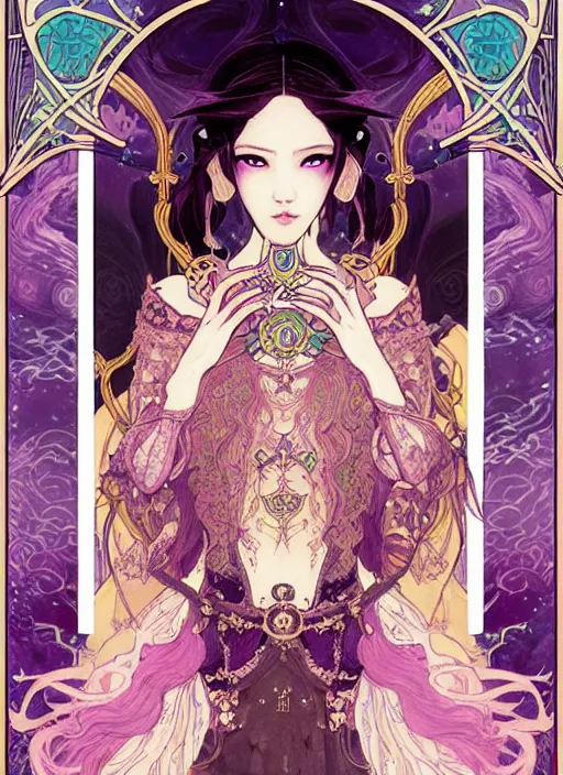 Image similar to the Empress tarot card art nouveau beautiful full body dark fantasy Legend of Zelda breath of the wild, blackpink lisa+smoky eyes+front face with light flowing hair, ultradetail face, art and illustration by CASIMIR ART and tian zi and craig mullins and Ayami Kojima and WLOP and alphonse mucha, fantasy, intricate complexity, human structure, human anatomy, fantasy character concept, watermark, blurry, hyperrealism 8k