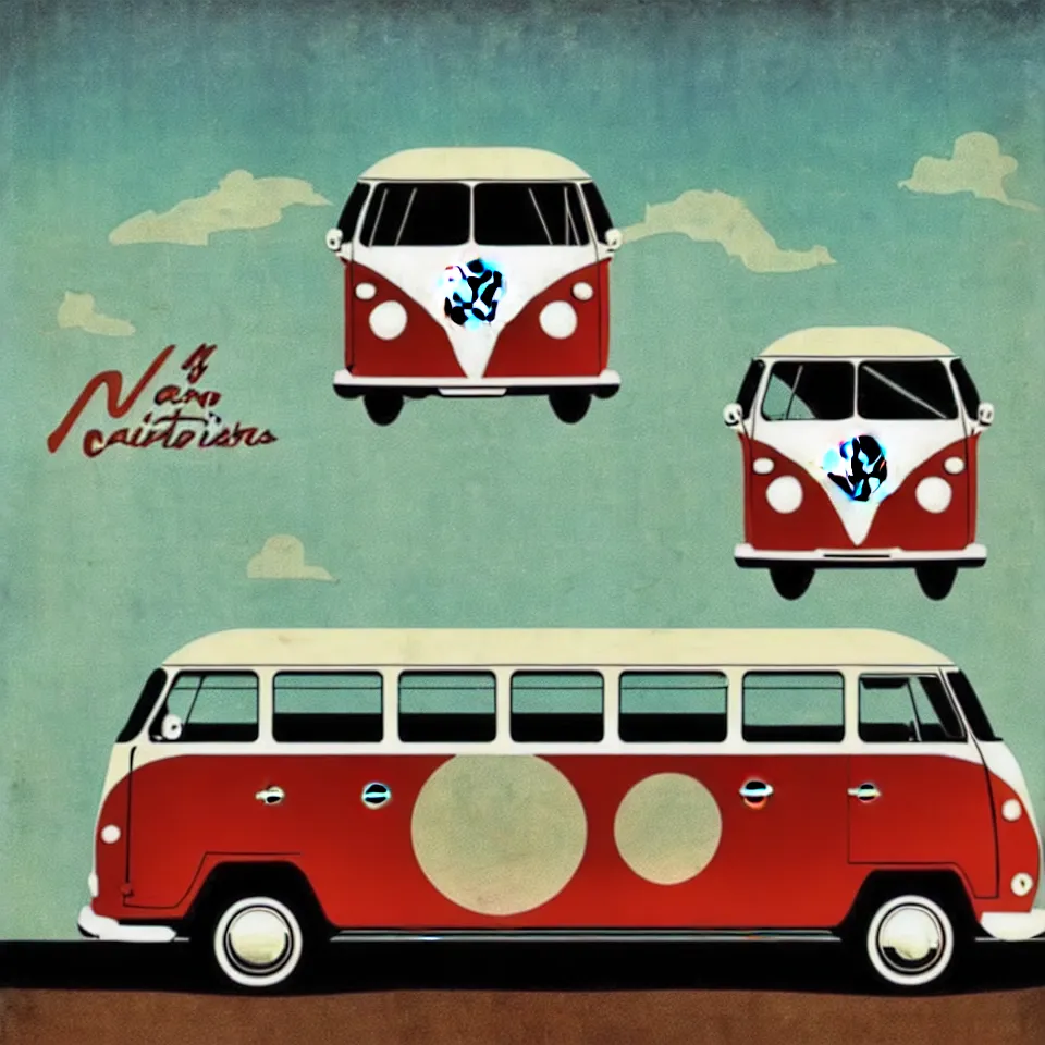 Image similar to a vintage poster of a vw bus