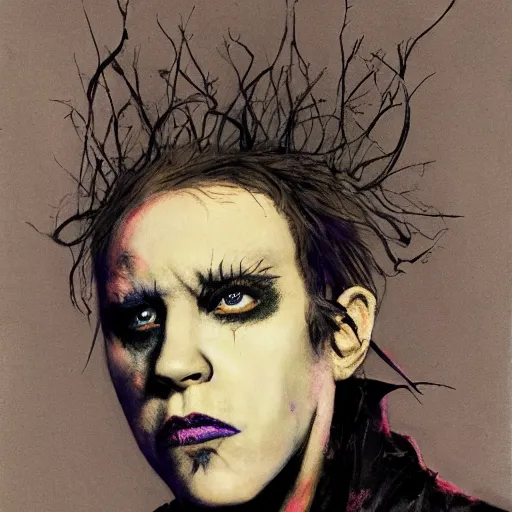 Image similar to gaunt ( the cure fan ) as dream from sandman, sadness, by jeremy mann, by cedric peyravernay, by ben templesmith, by dave mckean and richard avedon, dramatic lightning, dark eye sockets, closed eyes, black t - shirt, 1 9 8 0's, punk rock, gothic, the cure, high detailed, 8 k