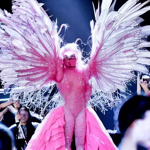 Image similar to Lady gaga in a pink dress standing in front of a crowd, a hologram by Alexander McQueen, trending on pexels, kitsch movement, made of feathers, ethereal, made of crystals