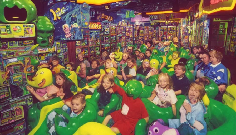 Image similar to 1990s photo of inside the Nickelodeon Blockbuster Gameboy Slime Show ride at Universal Studios in Orlando, Florida, children riding a VHS tape through a Blockbuster video store filled with beanie babies and a big Furby, cinematic, UHD