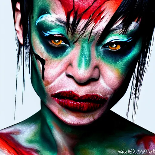 Prompt: bai ling wearing zombie bodypaint, hyper realistic, sharp focus, 4k, digital painting