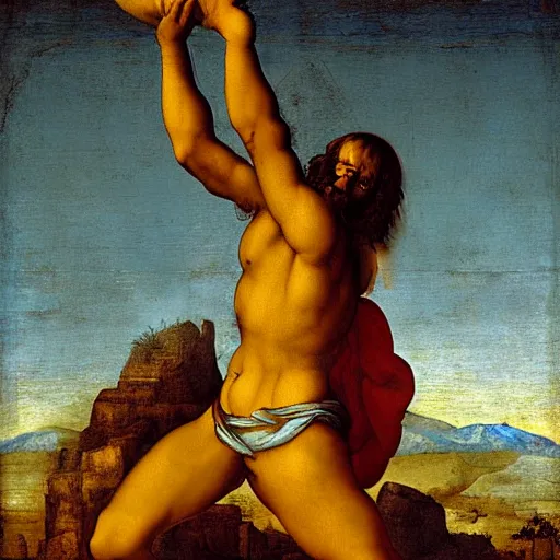 Image similar to jesus lifting a banana up into the air, digital art, emotional and powerful pose, by leonardo da vinci