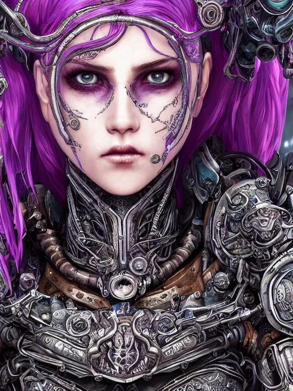 Image similar to portrait art of 8k ultra realistic purple-eyed girl,intricate red crown on small purple tentacles, detailed intricate blue ornate armour,decaying, cybernetic, full of colour, cinematic lighting, trending on artstation, 4k, hyperrealistic, focused, extreme details,unreal engine 5, cinematic, masterpiece, art by ayami kojima, giger