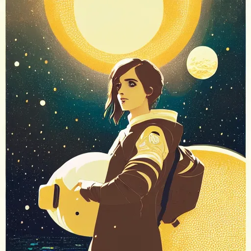 Image similar to emma watson light novel illustration as an astronaut by makoto shinkai by victo ngai