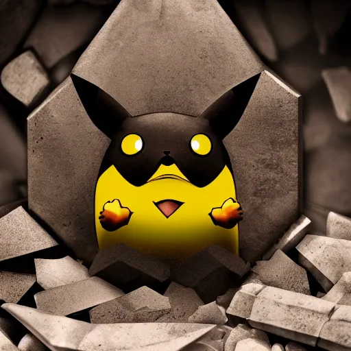 Prompt: The face of Pikachu appearing in shards of broken pottery, 8K resolution photo