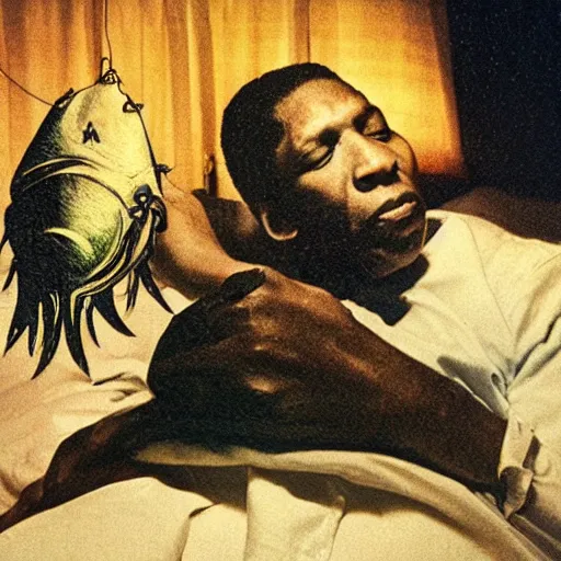 Image similar to john coltrane snuggling a scary loving angler fish in bed