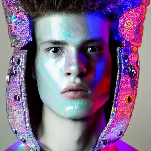 Image similar to a portrait of a beautiful young male wearing an alexander mcqueen armor made of holographic ghost, photographed by andrew thomas huang, artistic