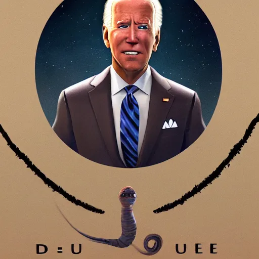 Prompt: cartoon joe biden's face on the body of a worm, book cover art dune god emperor of dune. cgi omovie poster style, artstation, dune