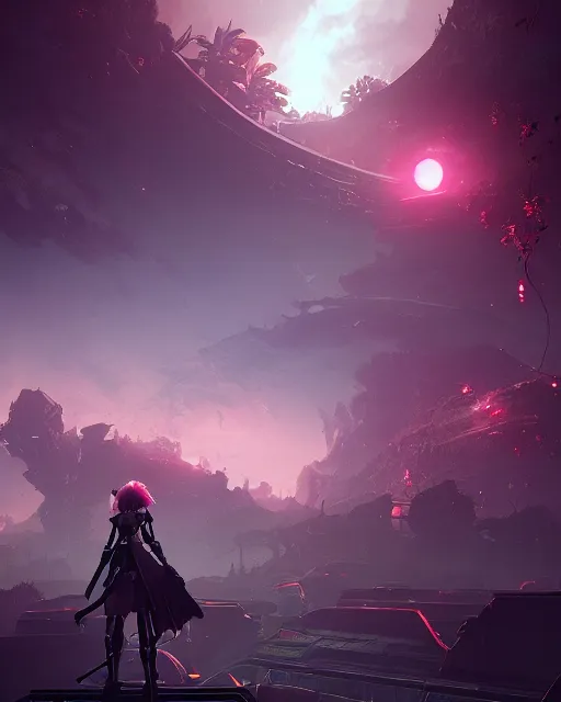 Image similar to beautiful landscape, nier automata, protoss temple!!!, machine planet, pink sun, tropical forest, colorful light, advanced technology, cinematic lighting, highly detailed, masterpiece, art by bastien grivet and darwin cellis and jan urschel