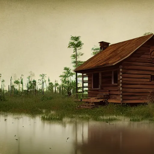 Image similar to digital concept art of old wooden cabin in florida swamp, trending on artstation