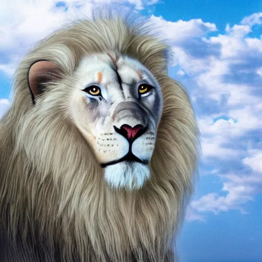 Image similar to ethernal giant white lion with angelic white mane and bright glowing mint eyes blending into white clouds in a heavenly blue sky