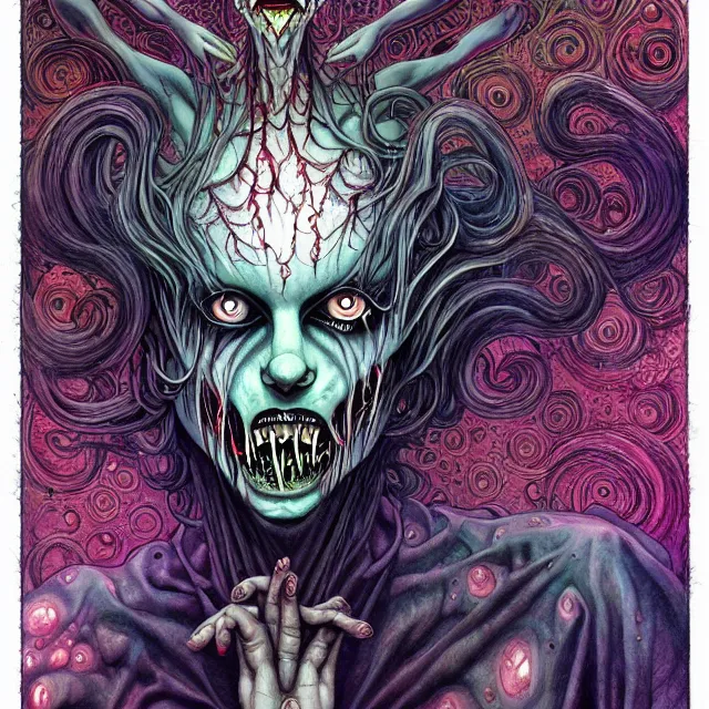 Image similar to symmetrical, complex, copic markers, spiritual horror lsd art in muted colors, disturbing grunge still of a lovecraftian demon infested guy flirting with you, by arthur adams, by tom bagshaw, by henry asencio, by kikuchi hideyuki