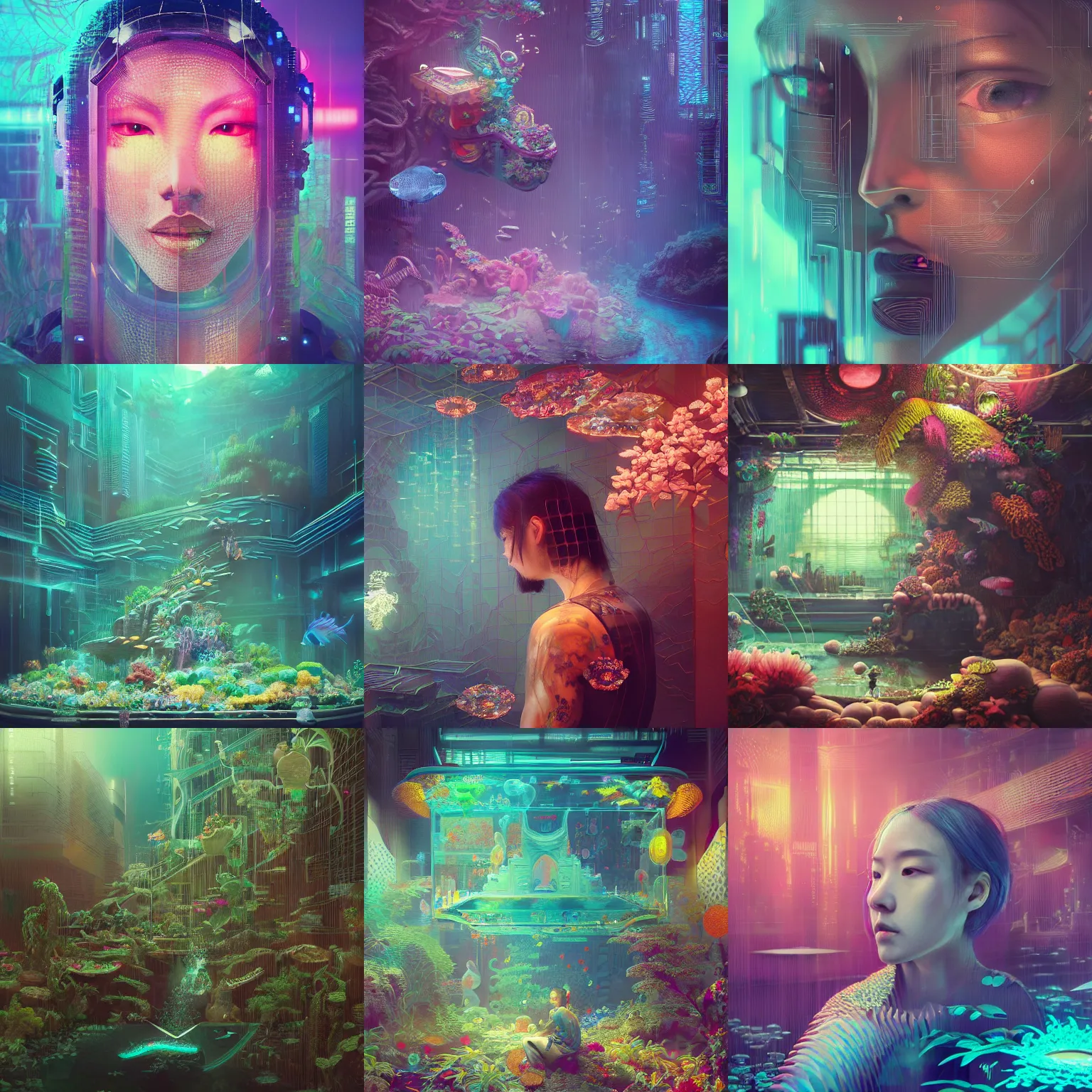 Prompt: hyperrealistic isometric portrait of a paradise blossoming aquarium of eden, well lit, intricate abstract. cyberpunk, intricate artwork, by Tooth Wu, wlop, beeple. octane render,in the style of Jin Kagetsu, James Jean and wlop, highly detailed, sharp focus, intricate concept art, digital painting, ambient lighting, 4k, artstation