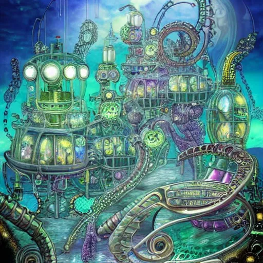 Prompt: mythical dreamy organic translucent bio-mechanical overpopulated underwater sci-fi steampunk city with seahorses, highly detailed, intricate crystal jelly steampunk ornate, in Rick and Morty art style