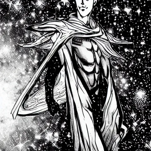 Image similar to black and white pen and ink!!!!!!! MAPPA designed Ryan Gosling wearing cosmic space robes made of stars final form flowing royal hair golden!!!! Vagabond!!!!!!!! floating magic swordsman!!!! glides through a beautiful!!!!!!! Camellia!!!! Tsubaki!!! death-flower!!!! battlefield dramatic esoteric!!!!!! Long hair flowing dancing illustrated in high detail!!!!!!!! by Moebius and Hiroya Oku!!!!!!!!! graphic novel published on 2049 award winning!!!! full body portrait!!!!! action exposition manga panel black and white Shonen Jump issue by David Lynch eraserhead and beautiful line art Hirohiko Araki!! Rossetti, Millais, Mucha, Kentaro Miura, Jojo's Bizzare Adventure!!