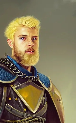 Image similar to highly detailed concept art of a rugged young knight with blonde hair and blue eyes and a short beard wearing a blue shirt over chain mail and steel pauldrons and a yellow cape and leather boots, concept art by Greg Rutkowski, realistic, masterpiece, ArtStation