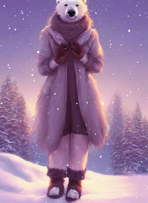 Image similar to award winning beautiful portrait commission art of a female furry anthro polar bear fursona with a cute beautiful attractive detailed furry face wearing cute stylish winter clothes at a comfy winter cabin at dusk by firelight. Character design by charlie bowater, ross tran, artgerm, and makoto shinkai, detailed, inked, western comic book art