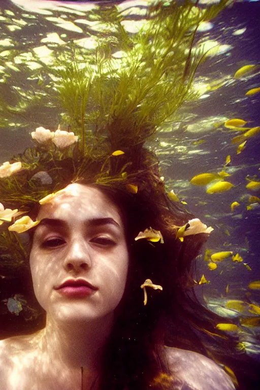 Image similar to film still, underwater view of young woman face with flowers from behind , 35mm