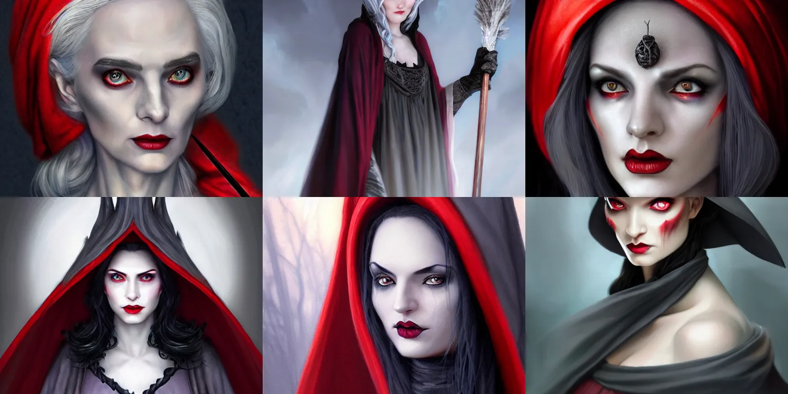 Prompt: Portrait of gorgeous old Witch, with dark grey hair, pale skin, red eyes, classical witch robe, magic broom, pointy witch hat, magical cauldron, D&D, DND, extremely detailed, detailed face, modest, high fantasy, matte painting, by artgerm and Craig Mullins, James Jean and Clyde Caldwell, trending on artstation artstationHD, artstationHQ, cgsociety, HD 16K