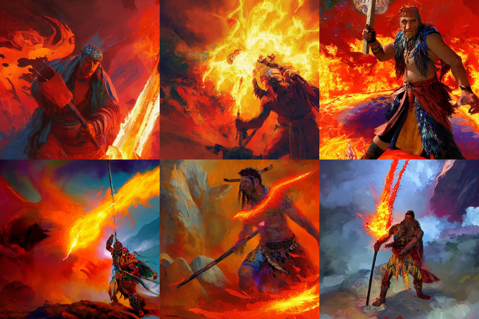 Prompt: shaman wielding a mace, colorful, magma, volcano background, craig mullins