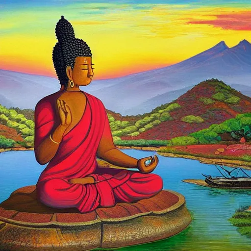 Prompt: contented peaceful south african!!! woman!!!! buddha, praying meditating, in a scenic environment, detailed, golden hour, expressionist painting by ernie barnes