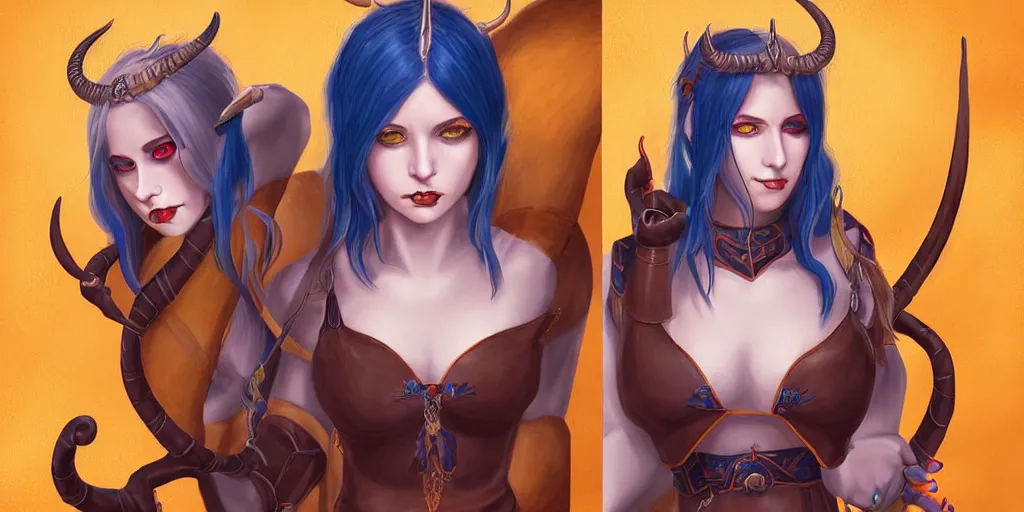 Image similar to triptych of youthful female feminine horned tiefling female bard with long bob cut blue hairstyle, her skin is orange and pale, she has immaculate skin and her eyes are pure black orbs and she is wearing colorful leather armor by rossdraws,