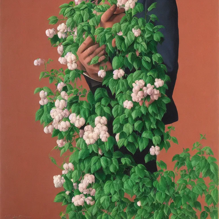 Image similar to portrait of a man, face hidden by beautiful flowers, by rene magritte, detailed painting, hd, hq, high resolution, high detail, 4 k, 8 k
