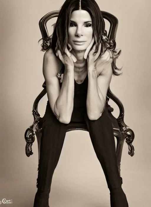 Prompt: Sandra Bullock for Victorian Secret, sitting on a chair, natural pose ,by nick knight, color photography, full length shot, extremely detailed, 50mm, natural light, m, rule of thirds, symmetrical balance, depth layering, polarizing filter, Sense of Depth