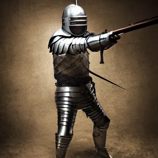 Image similar to a medieval knight in full armor, shooting an ak - 4 7. award winning national geographic photo.