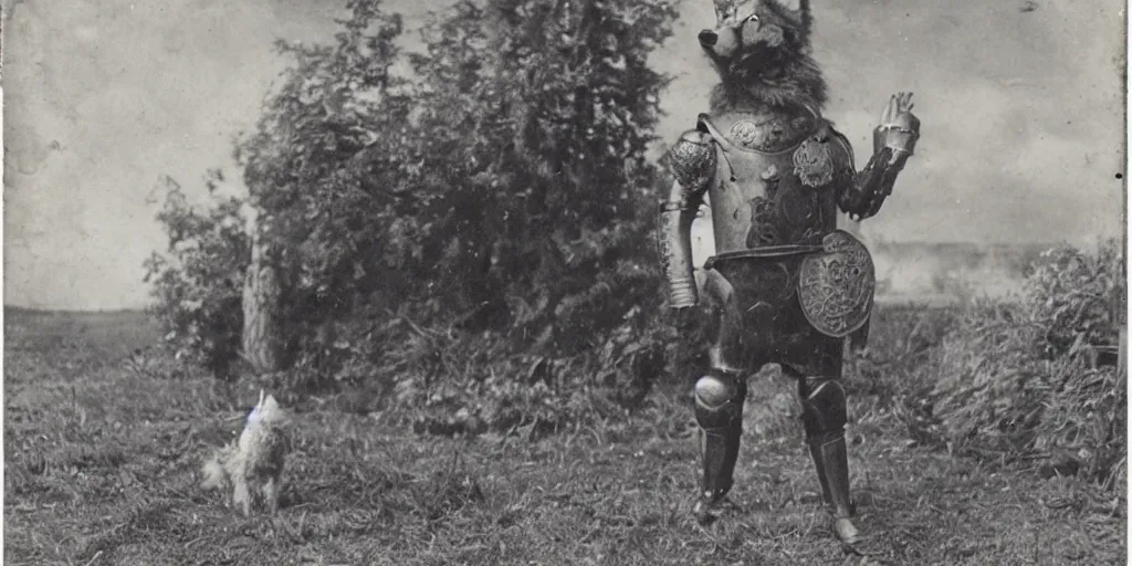 Image similar to anthropomorphic furry wolf in armor standing in front of a farm, 1900s picture