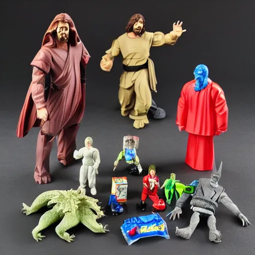 Image similar to Jesus vs Godzilla action play figures in a plastic toy bag