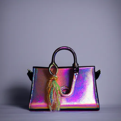Image similar to a designer bag, iridescent color, fashion shooting, photorealistic, studio photo